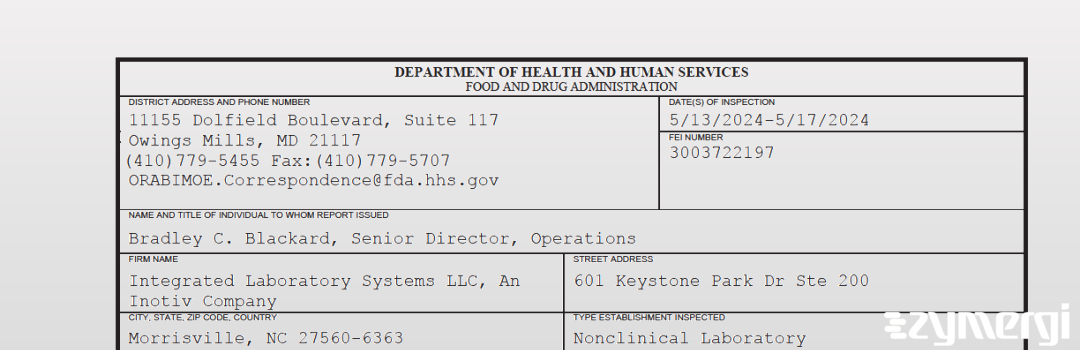 FDANews 483 Integrated Laboratory Systems LLC, An Inotiv Company May 17 2024 top