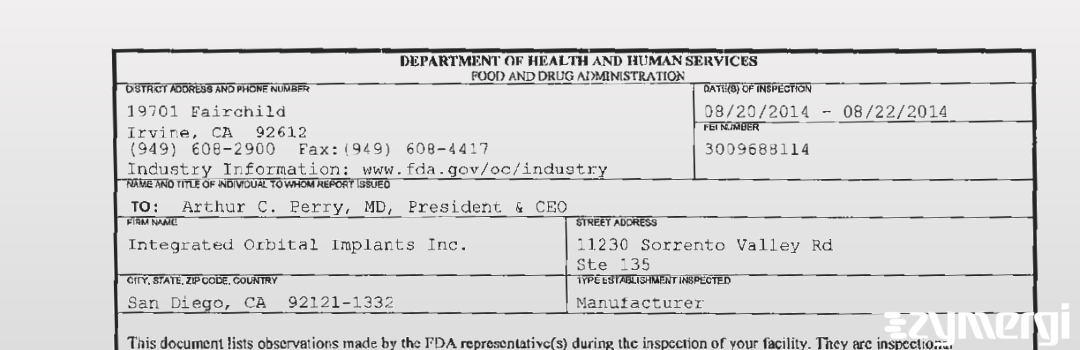 FDANews 483 Integrated Orbital Implants Inc. Aug 22 2014 top