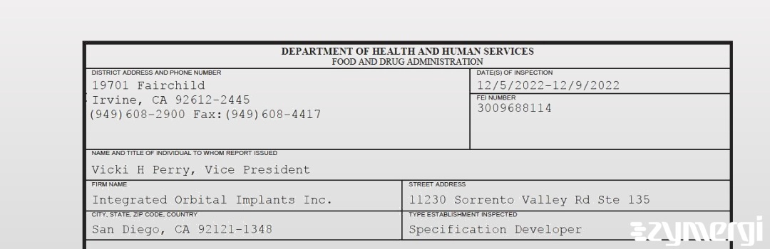 FDANews 483 Integrated Orbital Implants Inc. Dec 9 2022 top