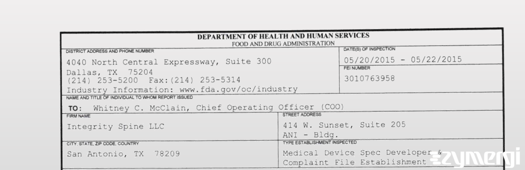 FDANews 483 Integrity Spine LLC May 22 2015 top