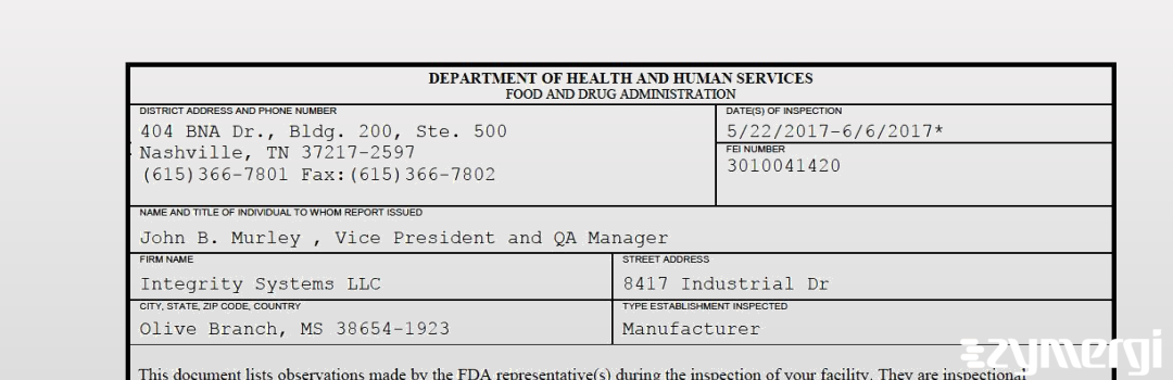 FDANews 483 Integrity Systems LLC Jun 6 2017 top