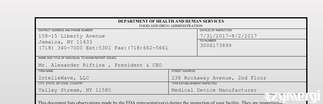 FDANews 483 IntelleWave, LLC Aug 2 2017 top