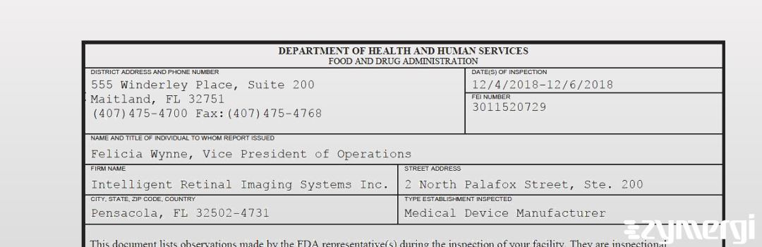 FDANews 483 Intelligent Retinal Imaging Systems Inc. Dec 6 2018 top