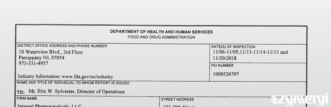 FDANews 483 Intergel  Pharmaceuticals, LLC Nov 20 2018 top