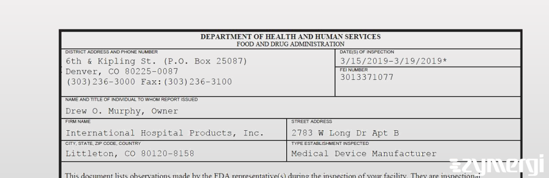 FDANews 483 International Hospital Products, Inc. Mar 19 2019 top