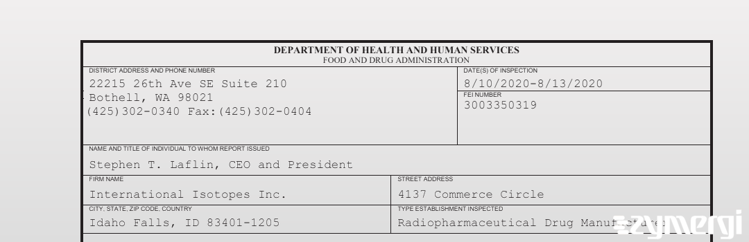 FDANews 483 International Isotopes Inc. Aug 13 2020 top