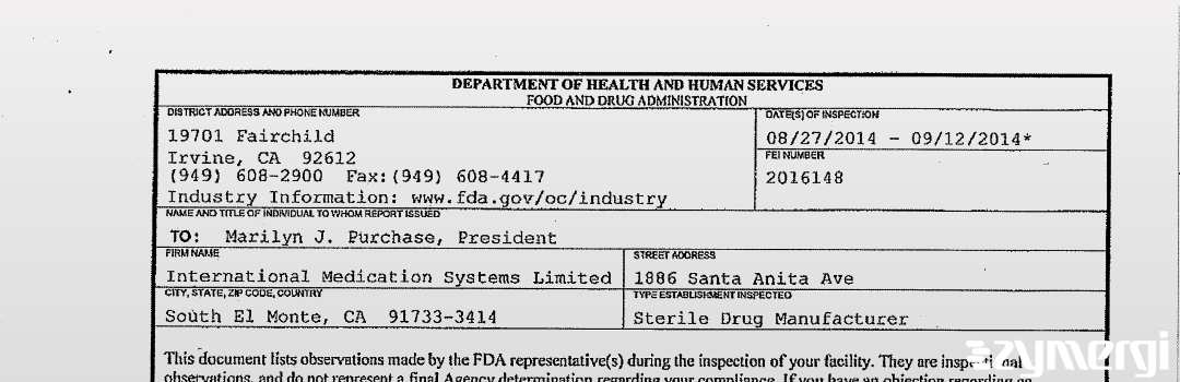 FDANews 483 International Medication Systems Limited Sep 12 2014 top