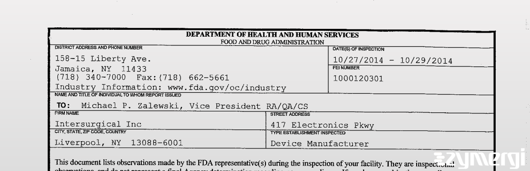 FDANews 483 Intersurgical Inc Oct 29 2014 top