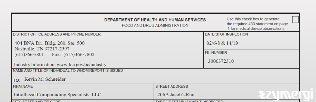 FDANews 483 Intrathecal Compounding Specialist, LLC Feb 14 2019 top