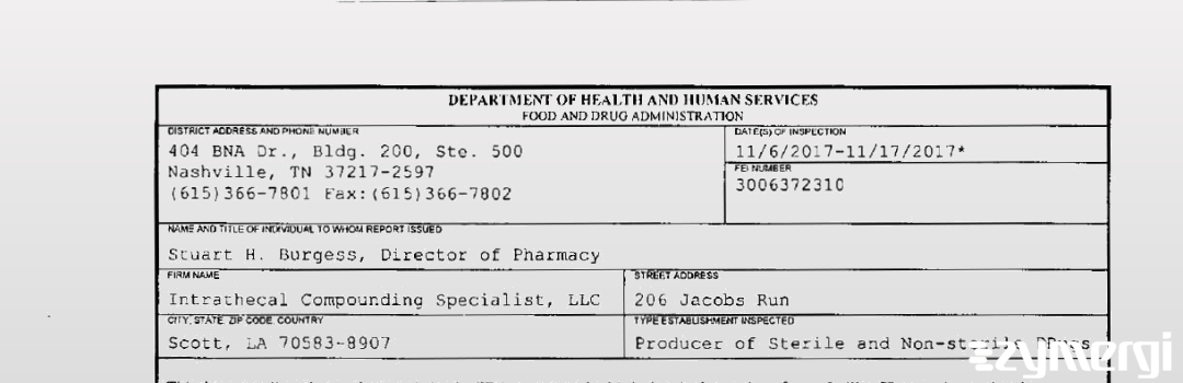 FDANews 483 Intrathecal Compounding Specialist, LLC Nov 17 2017 top