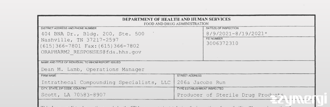 FDANews 483 Intrathecal Compounding Specialists, LLC Aug 19 2021 top