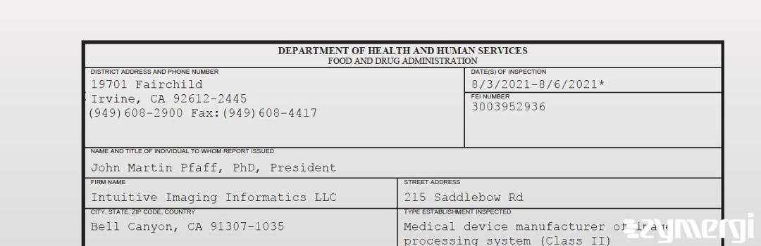 FDANews 483 Intuitive Imaging Informatics LLC Aug 6 2021 top