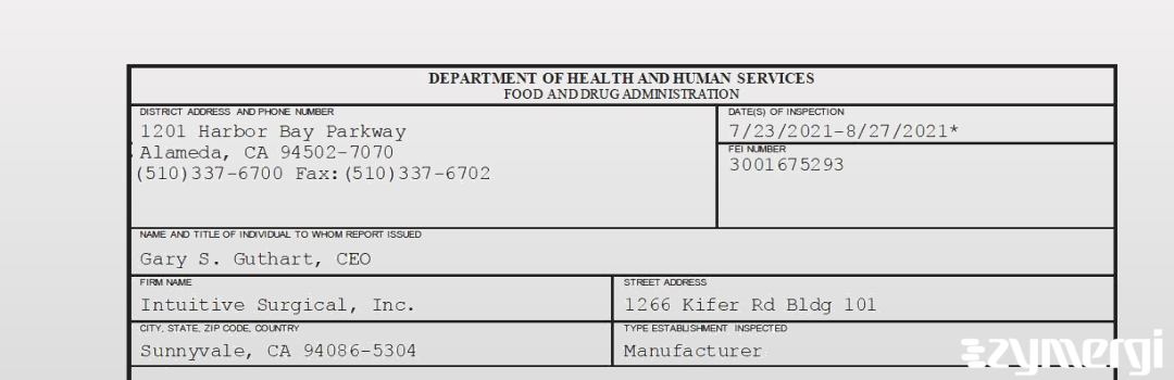 FDANews 483 Intuitive Surgical Inc. Aug 27 2021 top