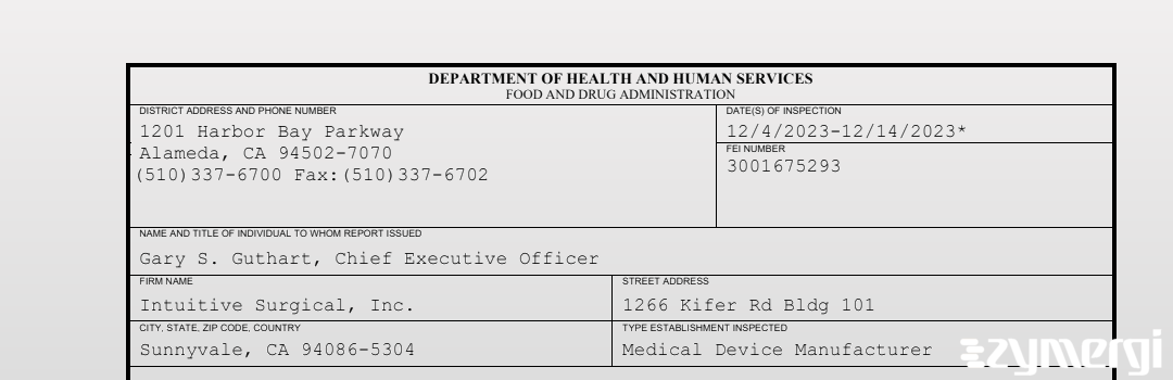 FDANews 483 Intuitive Surgical Inc. Dec 14 2023 top