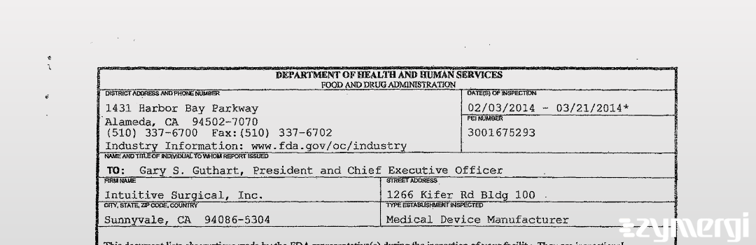 FDANews 483 Intuitive Surgical Inc. Mar 21 2014 top