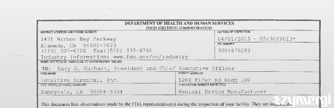 FDANews 483 Intuitive Surgical Inc. May 30 2013 top