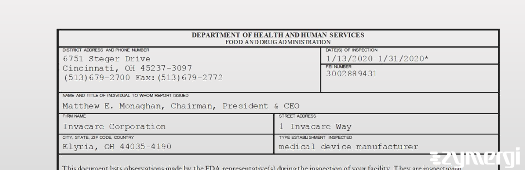 FDANews 483 Invacare Corporation Jan 31 2020 top