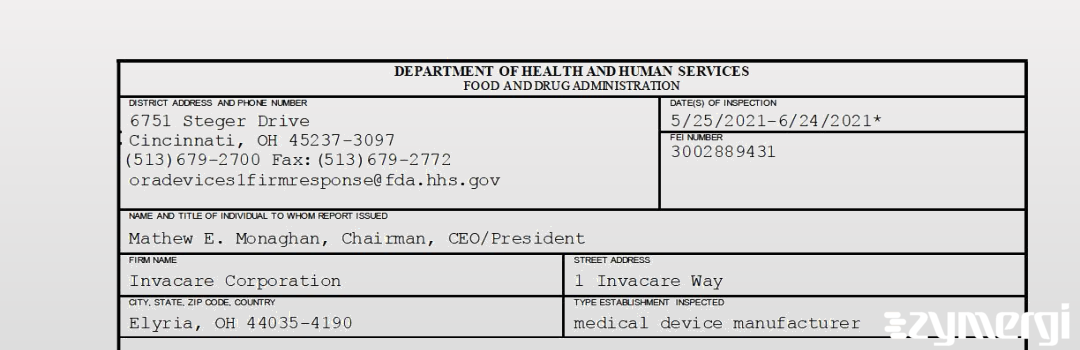 FDANews 483 Invacare Corporation Jun 24 2021 top