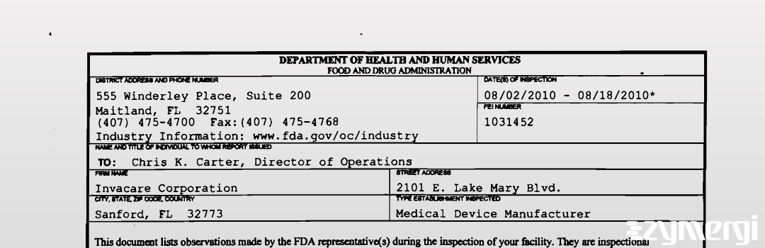 FDANews 483 Invacare Corporation Aug 18 2010 top