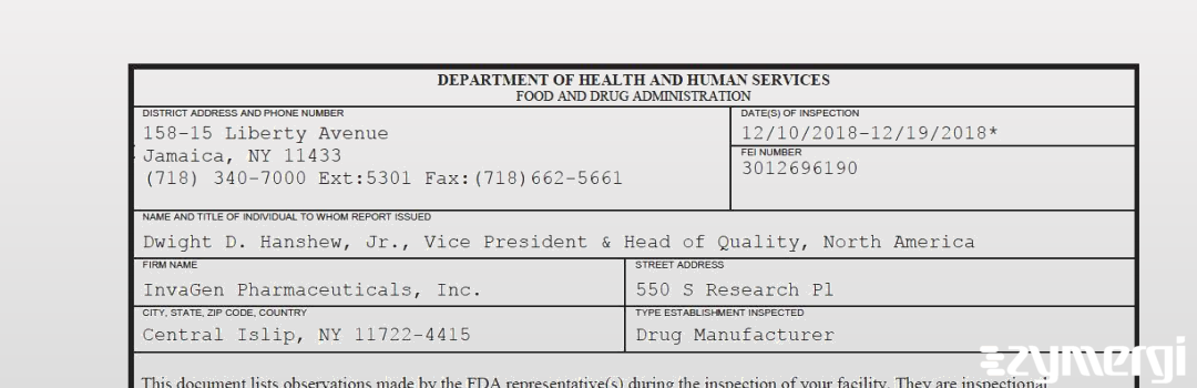 FDANews 483 InvaGen Pharmaceuticals, Inc. Dec 19 2018 top