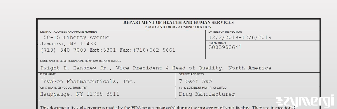 FDANews 483 InvaGen Pharmaceuticals, Inc. Dec 6 2019 top