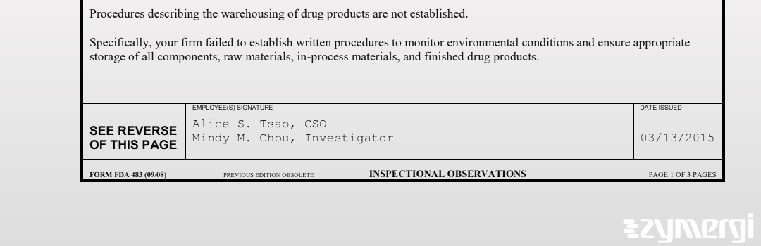 Mindy M. Chou FDA Investigator Alice S. Tsao FDA Investigator 