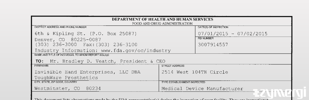 FDANews 483 Invisible Hand Enterprises, LLC DBA ToughWare Prosthetics Jul 2 2015 top