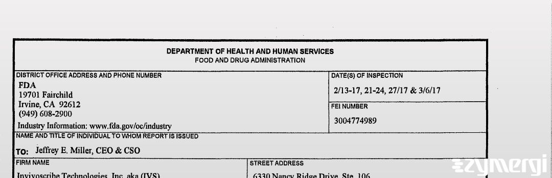 FDANews 483 Invivoscribe Technologies, Inc. Mar 6 2017 top