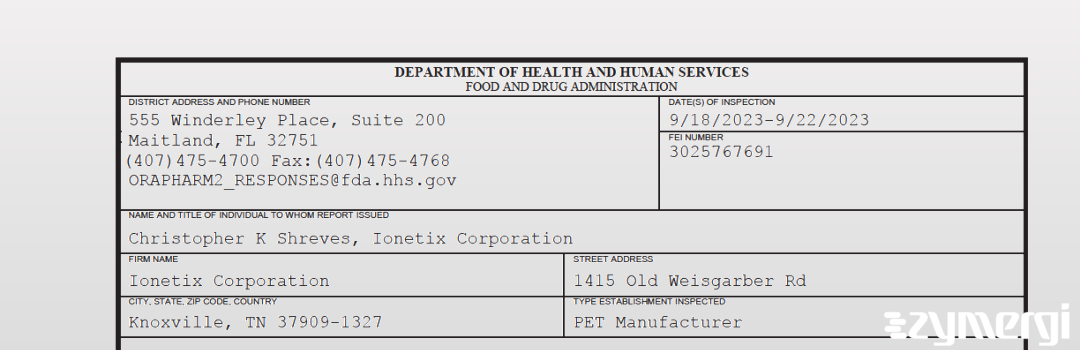 FDANews 483 Ionetix Corporation Sep 22 2023 top