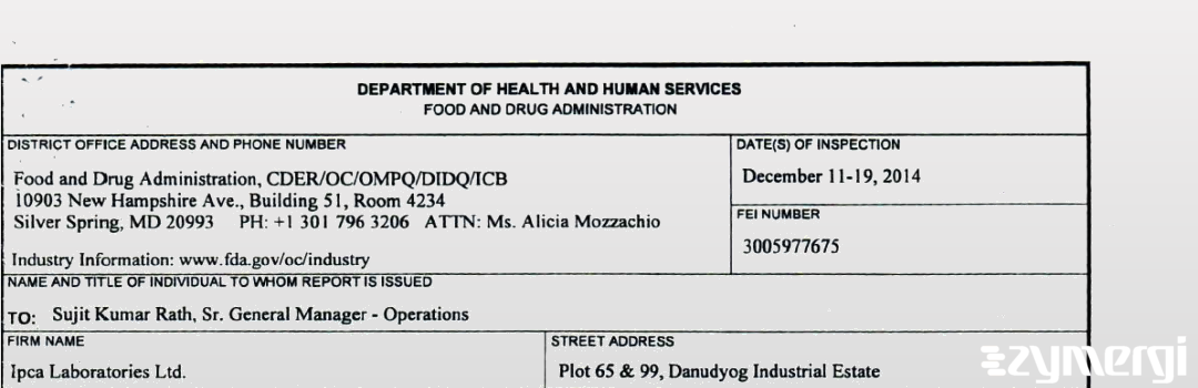 FDAzilla 483 Ipca Laboratories Limited Dec 19 2014 top