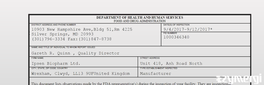 FDANews 483 Ipsen BioPharm Ltd Sep 12 2017 top