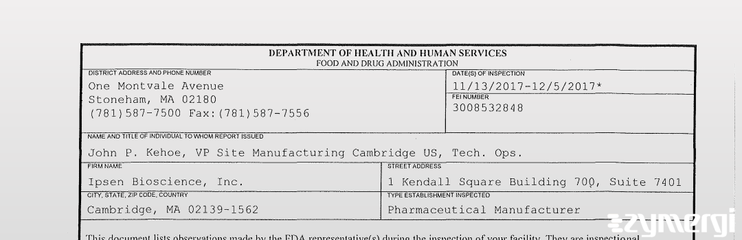 FDANews 483 Ipsen Bioscience, Inc. Dec 5 2017 top