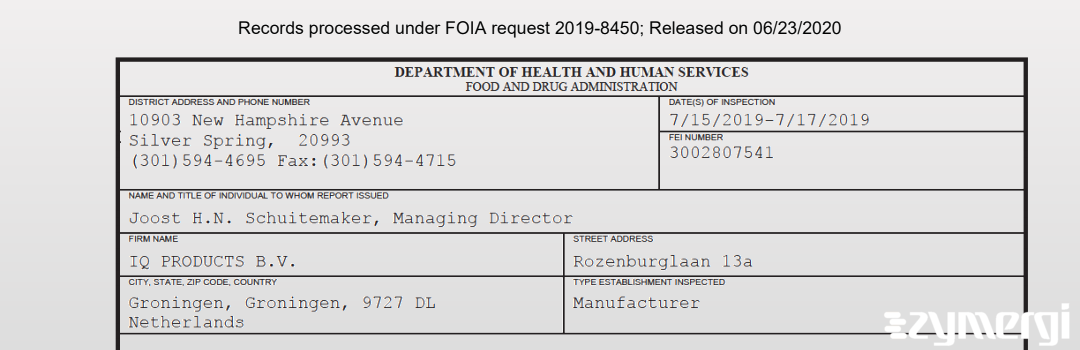 FDANews 483 IQ PRODUCTS B.V. Jul 17 2019 top