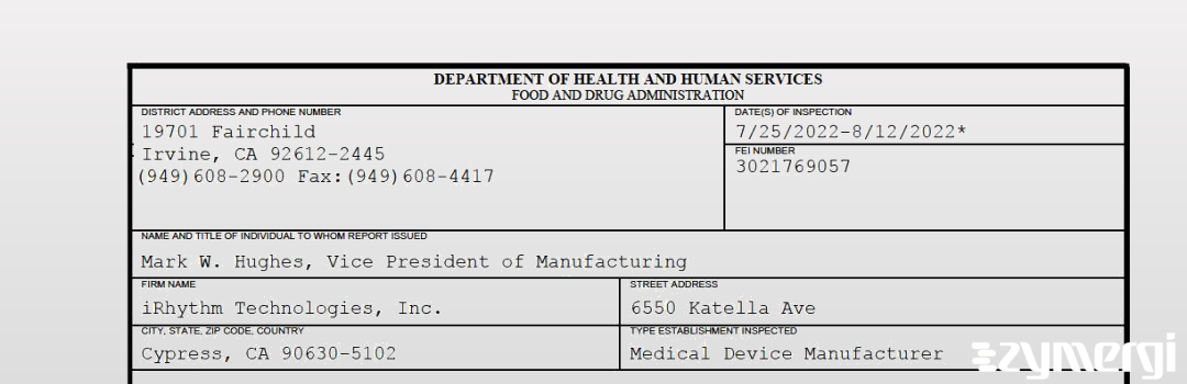 FDANews 483 iRhythm Technologies, Inc. Aug 12 2022 top