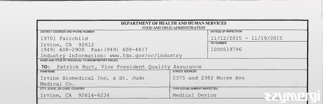 FDANews 483 Irvine Biomedical Inc, a St. Jude Medical Co. Nov 19 2015 top