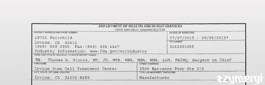 FDANews 483 Irvine Stem Cell Treatment Center Sep 8 2015 top