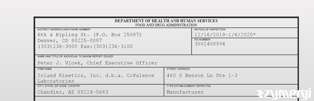 FDANews 483 Island Kinetics, Inc. d.b.a. CoValence Laboratories Jan 6 2020 top