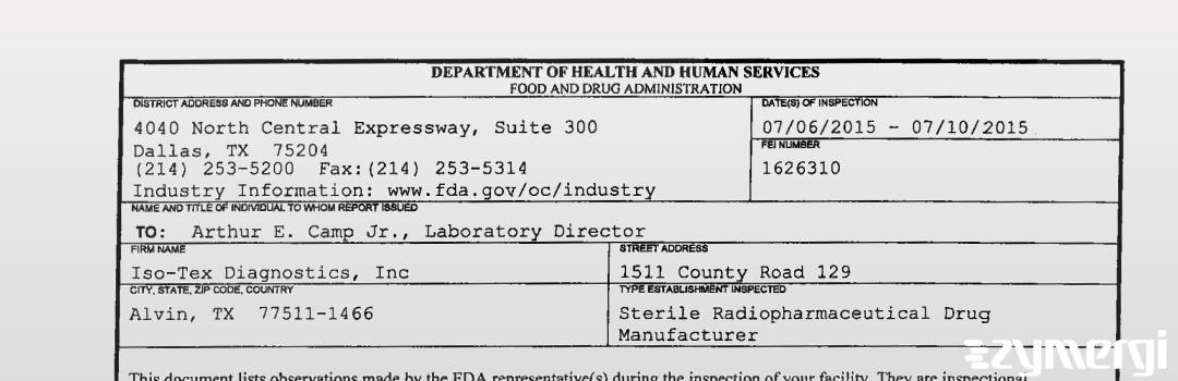 FDANews 483 Iso-Tex Diagnostics, Inc. Jul 10 2015 top