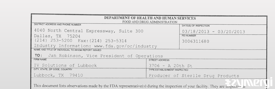 FDANews 483 IV Solutions of Lubbock Mar 20 2013 top