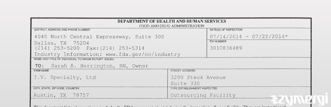 FDANews 483 I.V. Specialty, Ltd Jul 22 2014 top