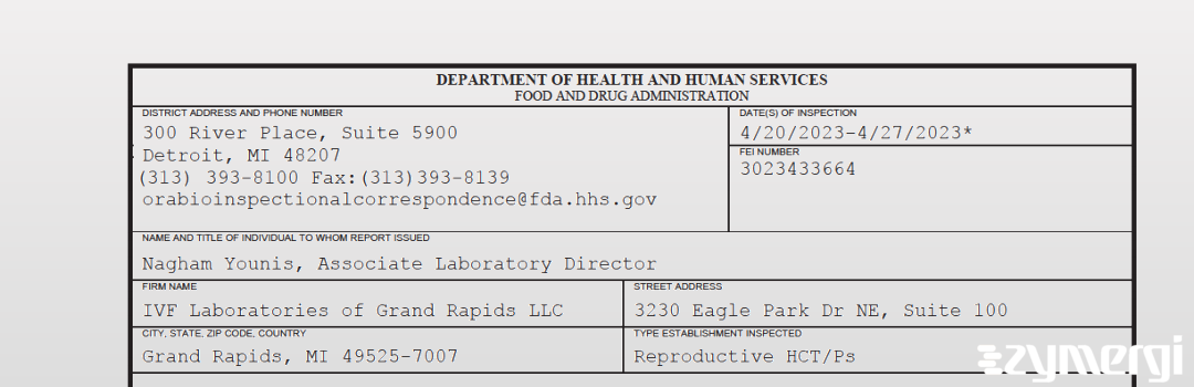 FDANews 483 IVF Laboratories of Grand Rapids LLC Apr 27 2023 top