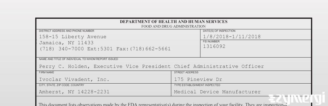 FDANews 483 Ivoclar Vivadent, Inc. Jan 11 2018 top