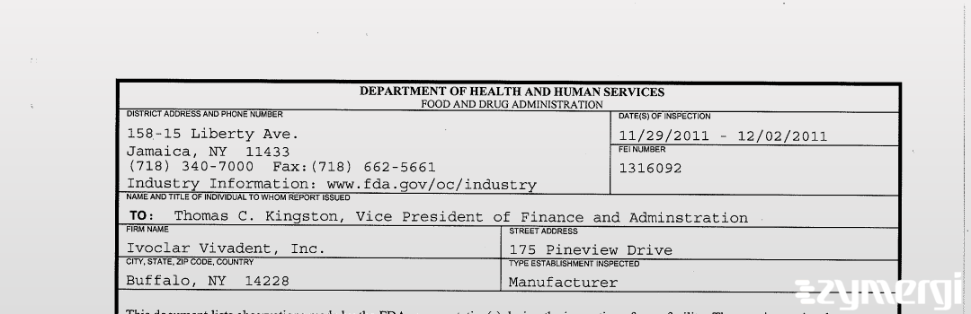 FDANews 483 Ivoclar Vivadent, Inc. Dec 2 2011 top