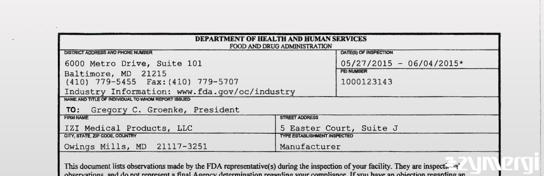 FDANews 483 IZI Medical Products, LLC Jun 4 2015 top