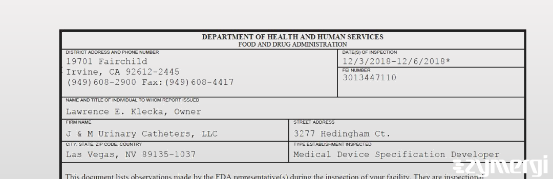 FDANews 483 J & M Urinary Catheters, LLC Dec 6 2018 top