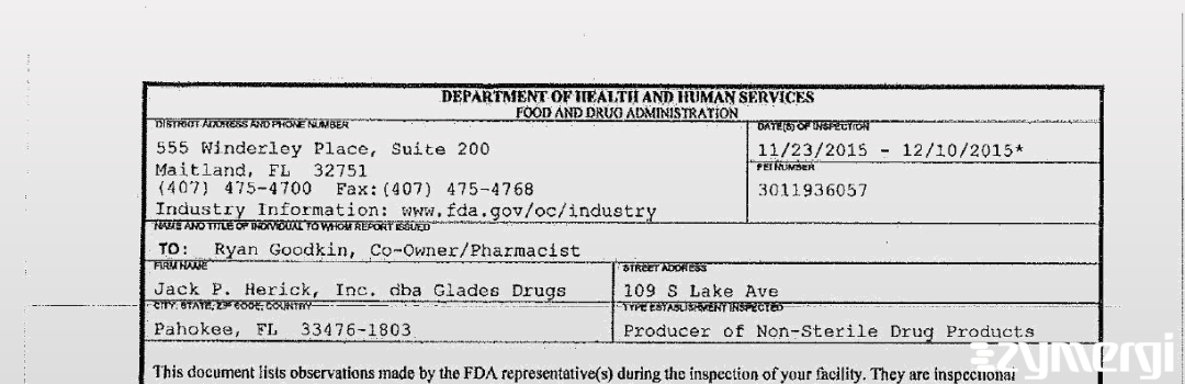 FDAzilla 483 Jack P. Herick, Inc. dba Glades Drugs Dec 10 2015 top
