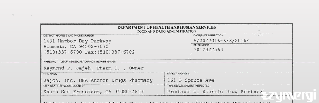 FDANews 483 Jajco, Inc. DBA Anchor Drugs Pharmacy Jun 3 2016 top