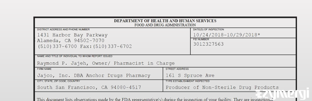 FDANews 483 Jajco, Inc. DBA Anchor Drugs Pharmacy Oct 29 2018 top