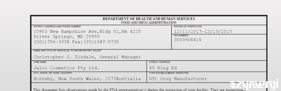 FDANews 483 Jalco Cosmetics Pty Ltd. Dec 13 2017 top