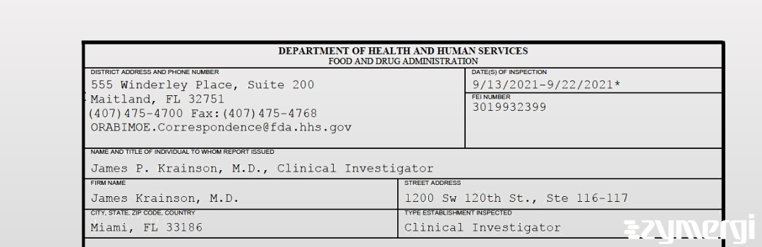 FDANews 483 James Krainson, M.D. Sep 22 2021 top